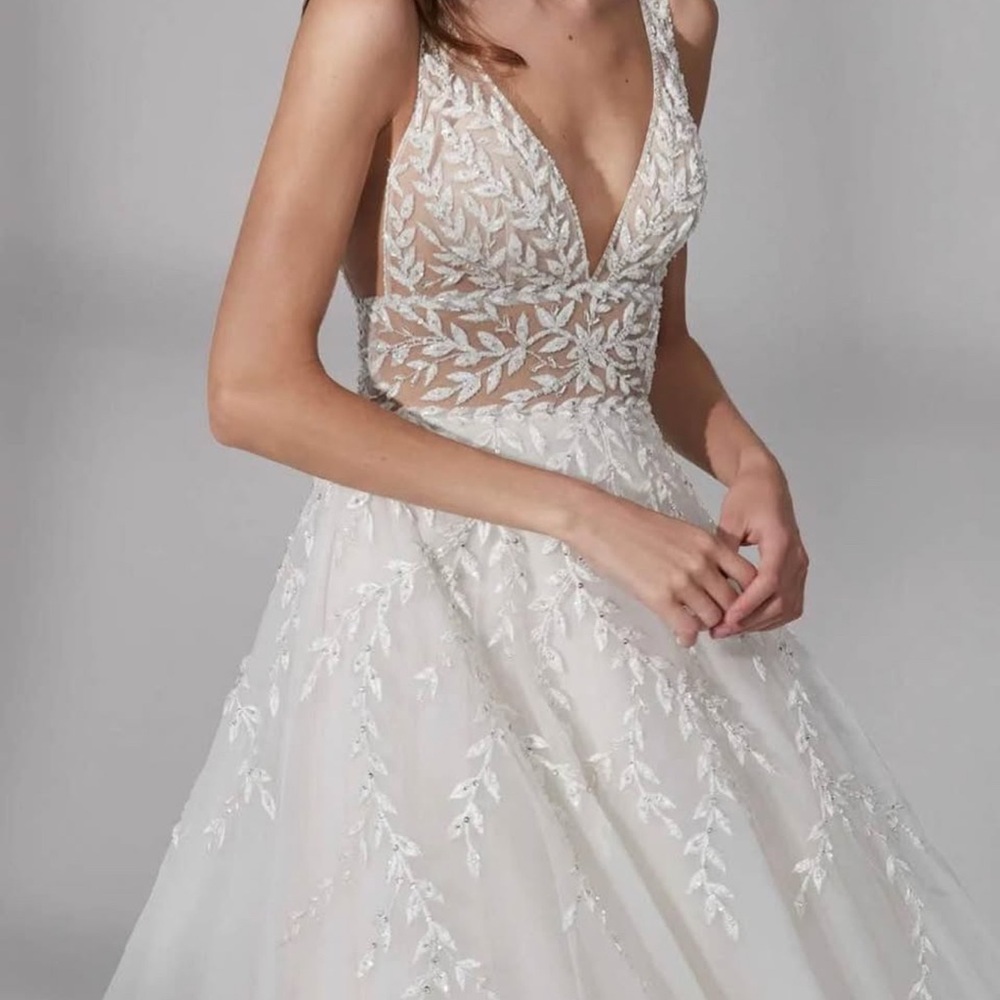 Cream and Tan Tiered A-line Wedding Dress with Embellishments